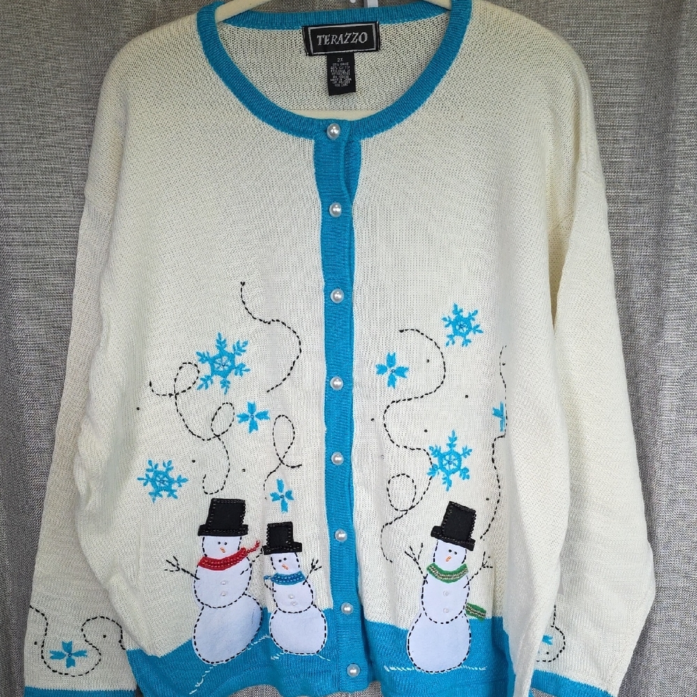 Terazzo White and Blue Snowman Cardigan sz 2X T25-62025246